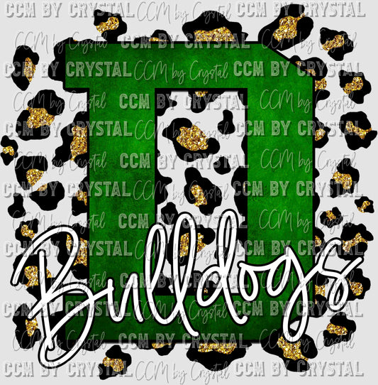 D Bulldogs Green with Gold Leopard Background Mascot Ready to Press Transfer