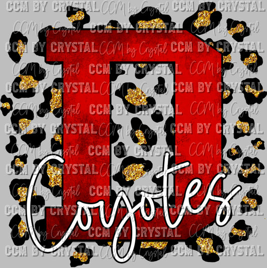 D Coyotes Red with Gold Leopard Background Mascot Ready to Press Transfer