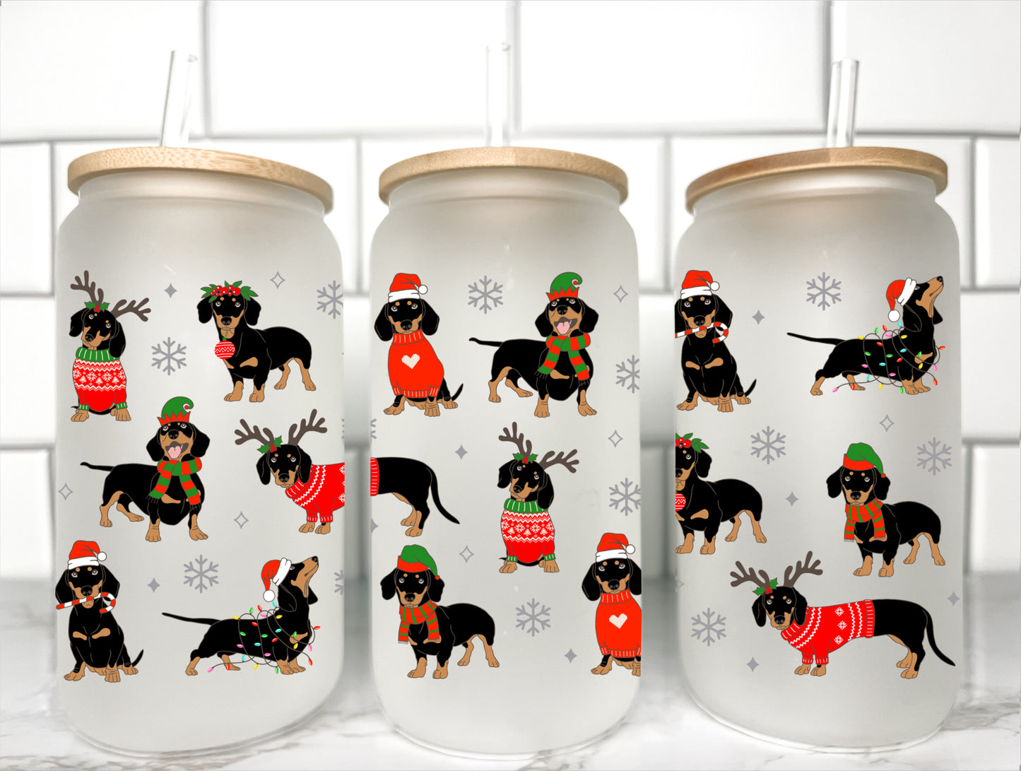 Christmas Dachshund UV Transfer 16oz Libby Glass Can Wrap Ready to Appl