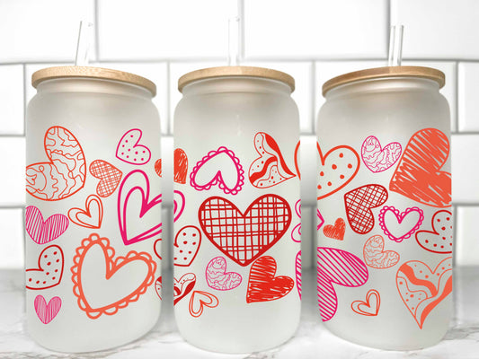 Valentine's Day Doodle Hearts UV DTF Transfer 16oz Libby Glass Can Wrap Ready to Apply