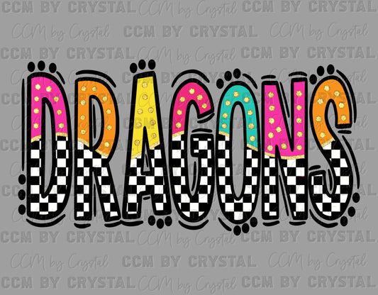 Dragons Colorful Checkered Mascot Ready to Press Transfer DTF Transfer Sublimation Transfer