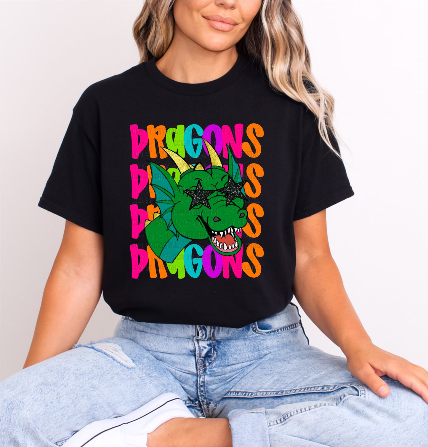Dragons Colorful Mascot Faux Glitter T-Shirt