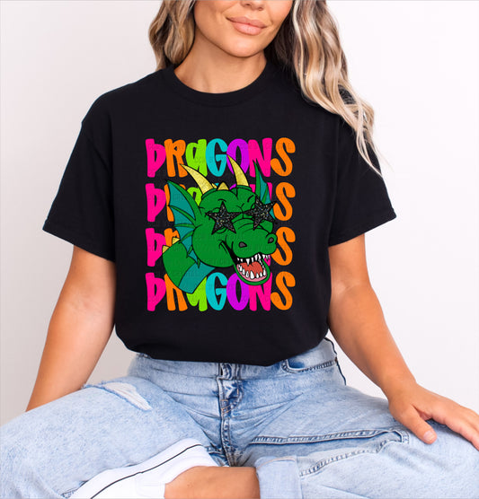 Dragons Colorful Mascot Faux Glitter T-Shirt