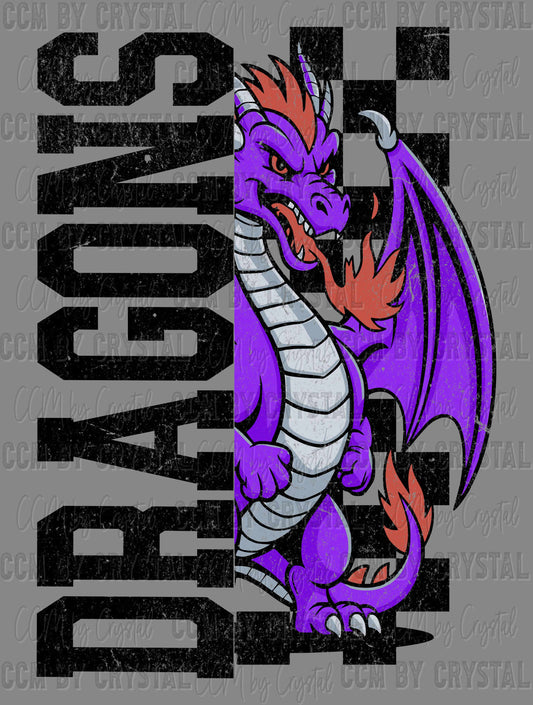 Dragons Grunge Checkered Sports Mascot Ready to Press Transfer DTF Transfer Sublimation Transfer