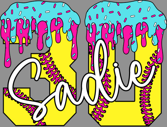 Personalized Softball Name/Mascot and Ice Cream Drip Number Ready to Press Transfer DTF Transfer Sublimation Transfer