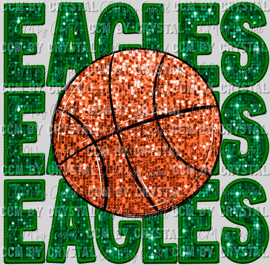Eagles Stacked Basketball Green Faux Embroidery Faux Sequins Ready to Press Transfer