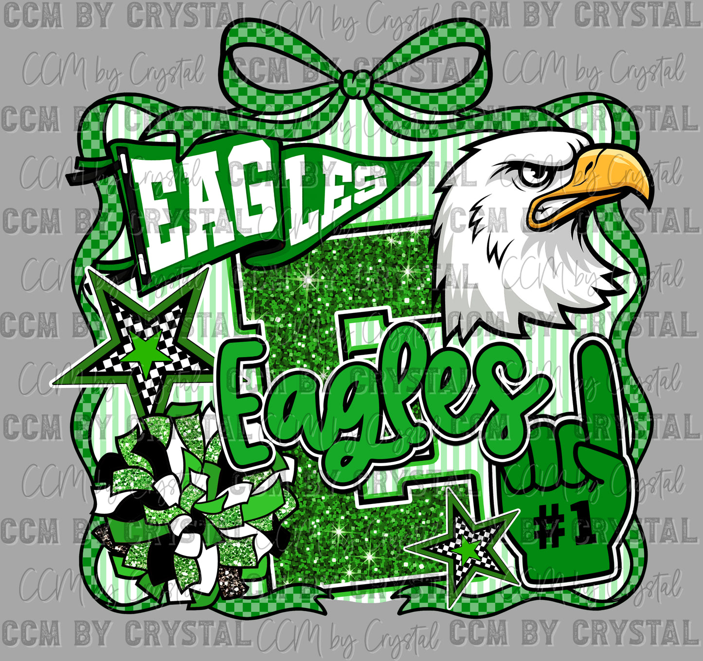 Eagles Green Mascot Fake Faux Glitter Mascot Fake Faux Glitter Ready to Press DTF Transfers Sublimation Transfers