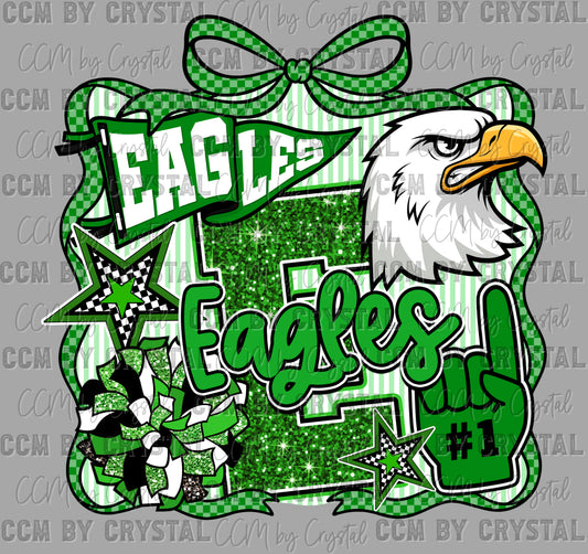 Eagles Green Mascot Fake Faux Glitter Mascot Fake Faux Glitter Ready to Press DTF Transfers Sublimation Transfers