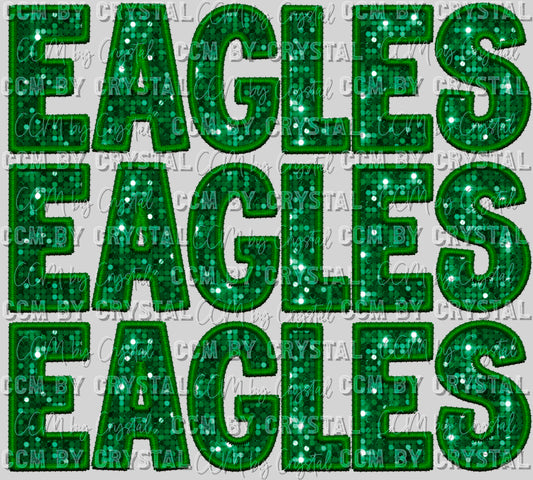 Eagles Stacked Green Faux Embroidery Faux Sequins Ready to Press Transfer