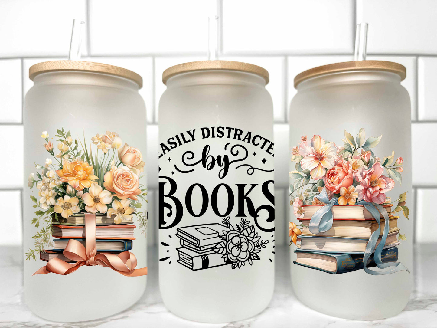 Easily Distracted by Books UV DTF Transfer 16oz Libby Glass Can Wrap Ready to Apply