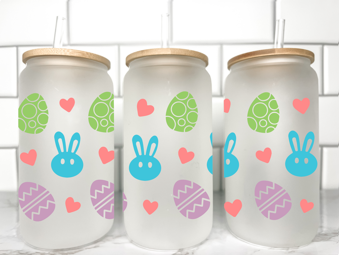 Easter Bunny and Eggs UV DTF Transfer 16oz Libby Glass Can Wrap Ready to Apply