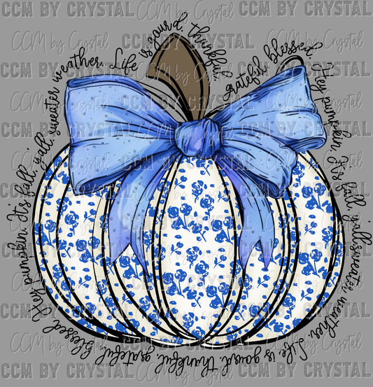Blue Floral Pumpkin Fall Thanksgiving Ready to Press Transfer DTF Transfer Sublimation Transfer