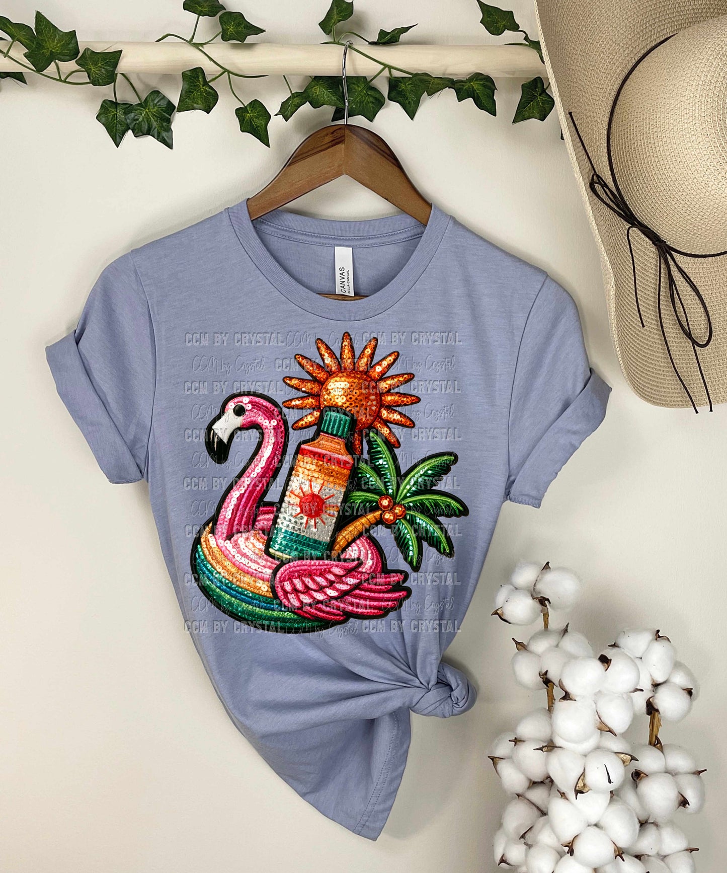 Summertime Flamingo Palm Tree Faux Sequins Ready to Press Transfer