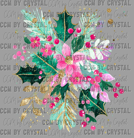 Christmas Floral Pink Ready to Press Transfer Instant Peel DTF Transfer Sublimation Transfer