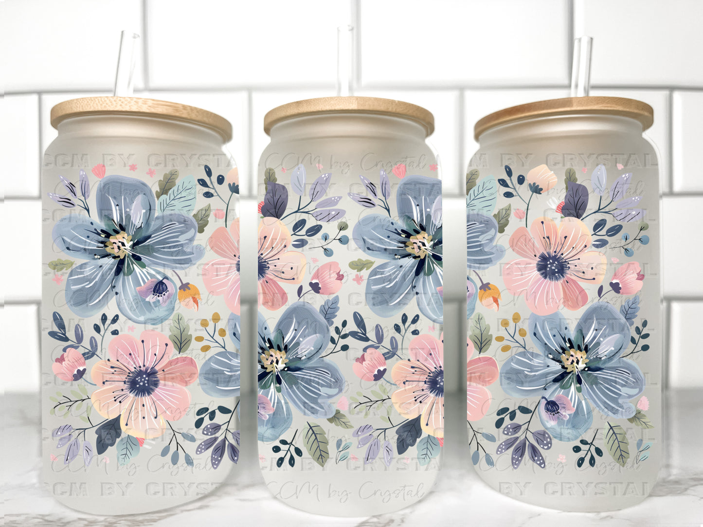 Pink, Blue Wildflowers Floral UV Transfer 16oz Libby Glass Can Wrap Ready to Apply