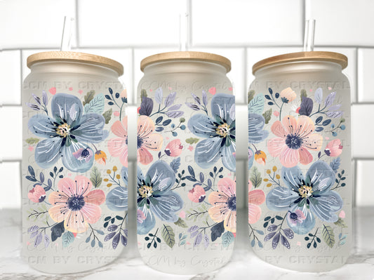 Pink, Blue Wildflowers Floral UV Transfer 16oz Libby Glass Can Wrap Ready to Apply