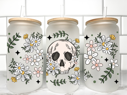 Floral Skull UV Transfer 16oz Libby Glass Can Wrap Ready to Apply