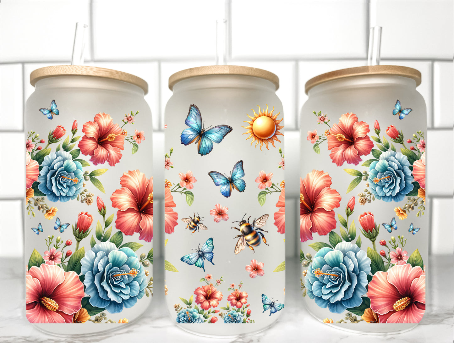 Flowers and Butterflies UV Transfer 16oz Libby Glass Can Wrap Ready to Apply