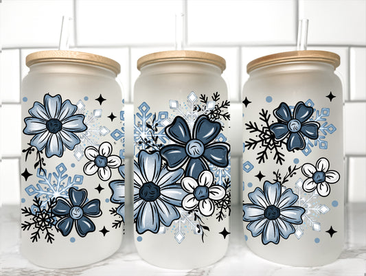 Christmas Winter Flowers Blue UV Transfer 16oz Libby Glass Can Wrap Ready to Apply