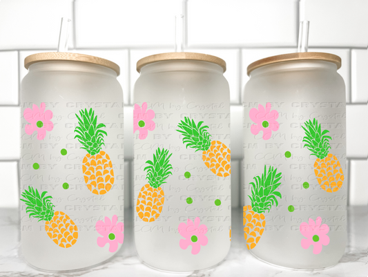 Flowers and Pineapples UV DTF Transfer 16oz Libby Glass Can Wrap Ready to Apply