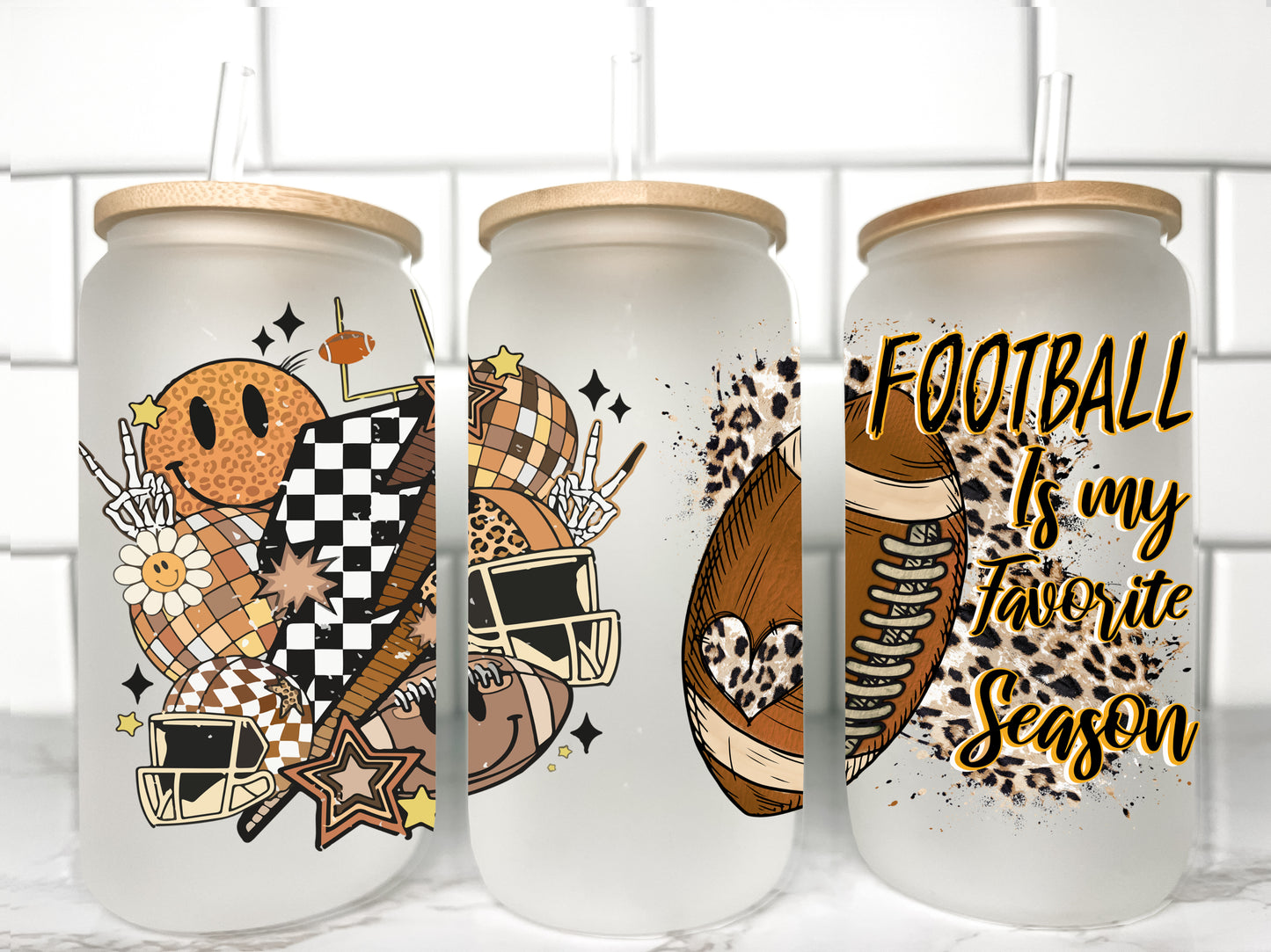 Retro Football UV Transfer 16oz Libby Glass Can Wrap Ready to Apply