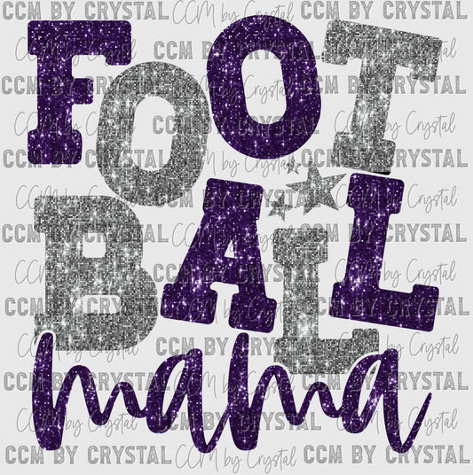 Football Mama Purple and Silver Faux Sequins Ready to Press Transfer DTF Transfer Sublimation Transfer
