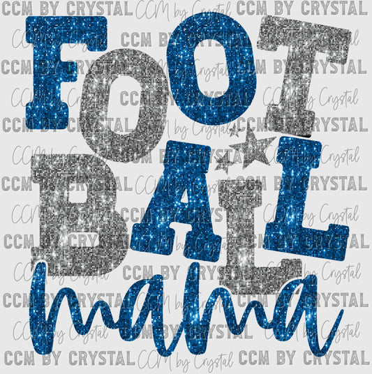 Football Mama Blue and Silver Faux Sequins Ready to Press Transfer DTF Transfer Sublimation Transfer