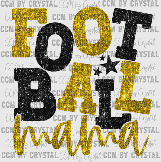 Football Mama Black and Gold Faux Sequins Ready to Press Transfer DTF Transfer Sublimation Transfer