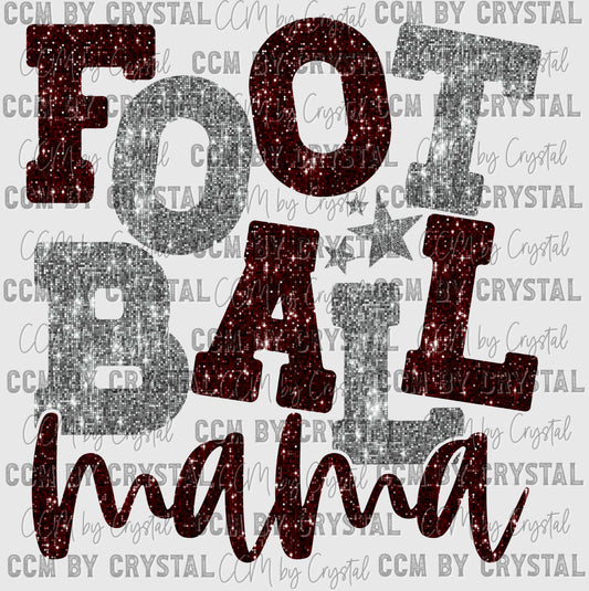 Football Mama Maroon and Silver Faux Sequins Ready to Press Transfer DTF Transfer Sublimation Transfer