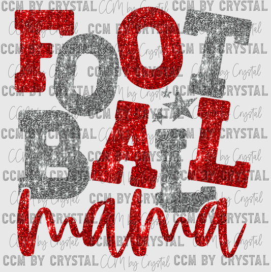 Football Mama Silver and Red Faux Sequins Ready to Press Transfer DTF Transfer Sublimation Transfer