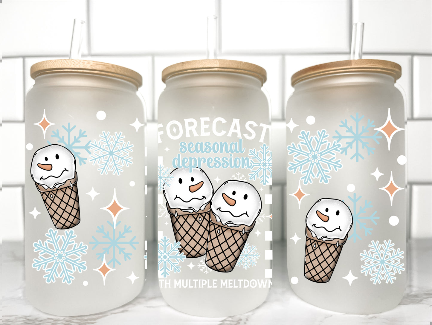 Christmas Snowman Ice-cream White UV Transfer 16oz Libby Glass Can Wrap Ready to Apply