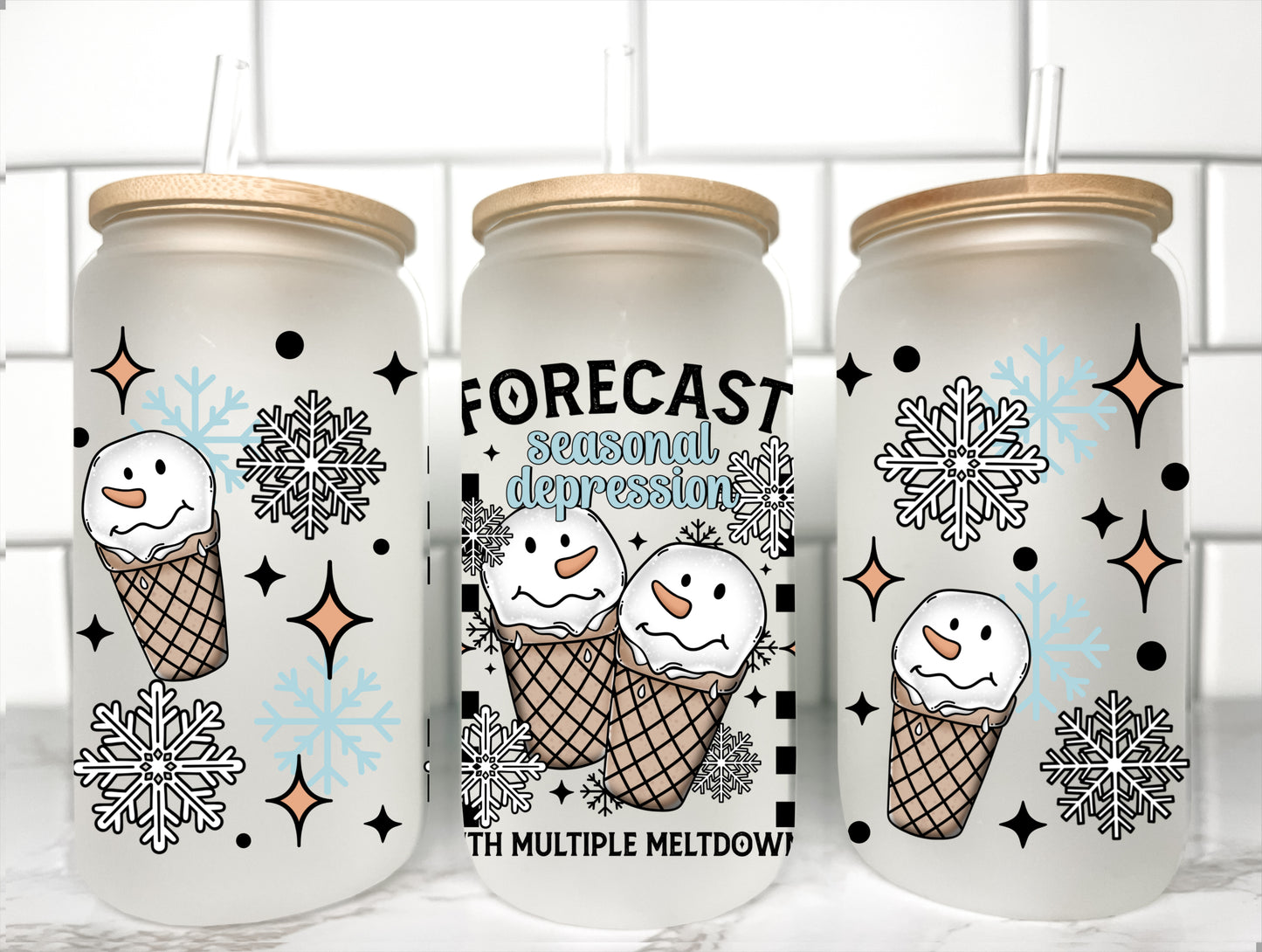 Christmas Snowman Ice-cream Black UV Transfer 16oz Libby Glass Can Wrap Ready to Apply