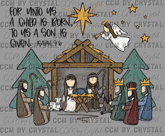 For Unto Us a Child is Born Manger Jesus Christian Christmas Ready to Press Transfer DTF Transfer Sublimation Transfer