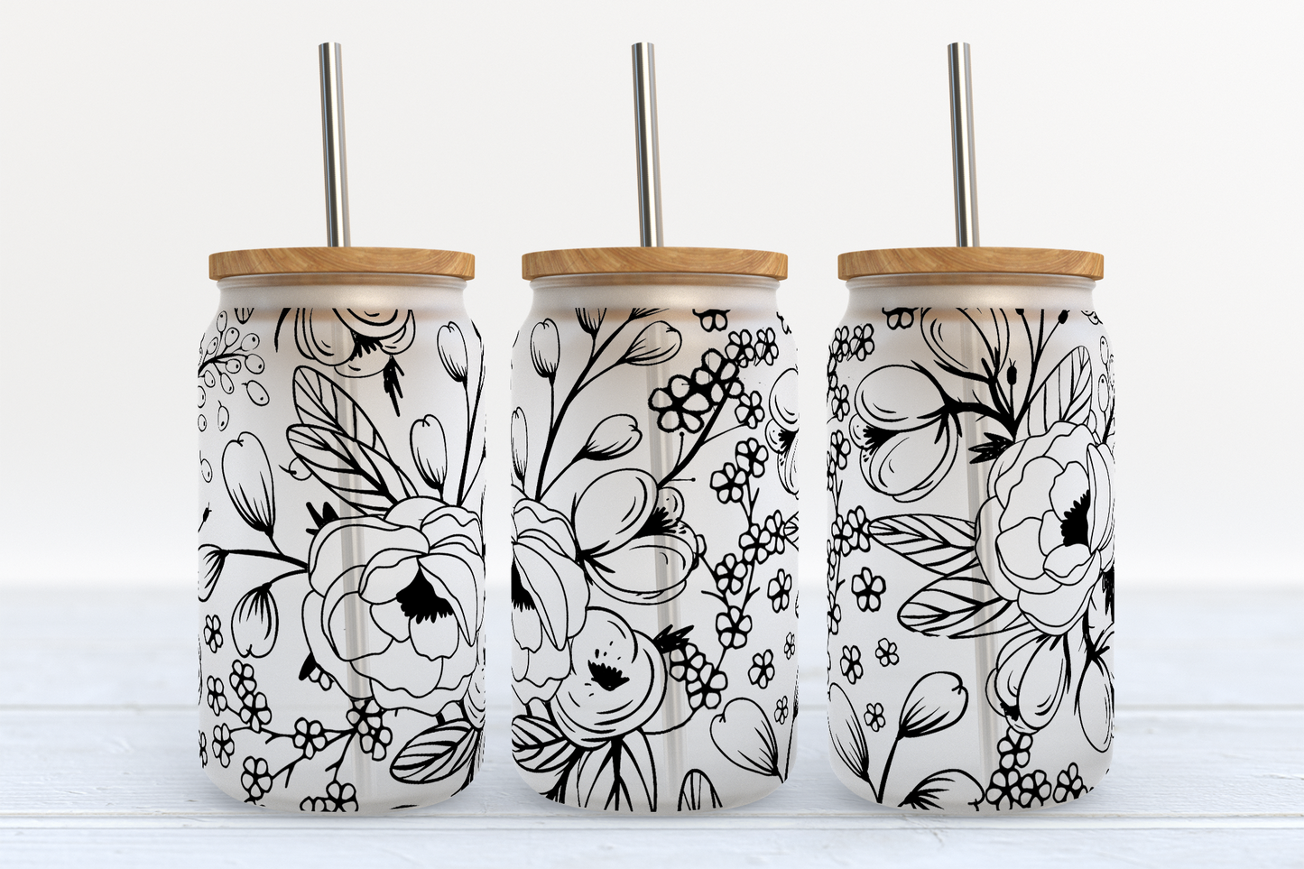 Black Floral UV Transfer 16oz Libby Glass Can Wrap Ready to Apply