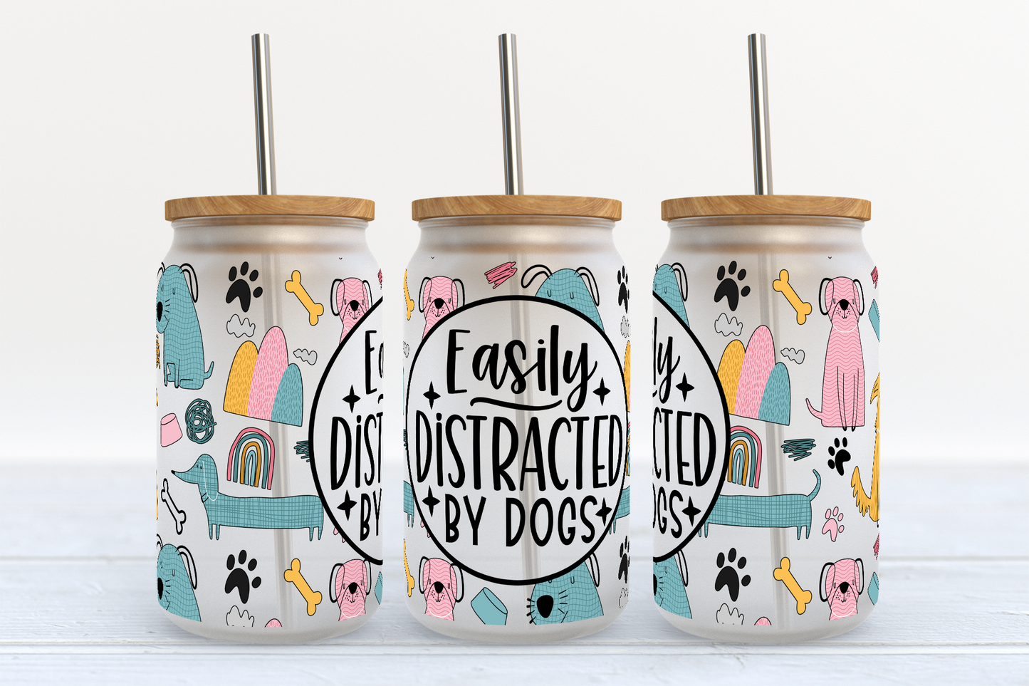 Easily Distracted By Dogs UV Transfer 16oz Libby Glass Can Wrap Ready to Apply