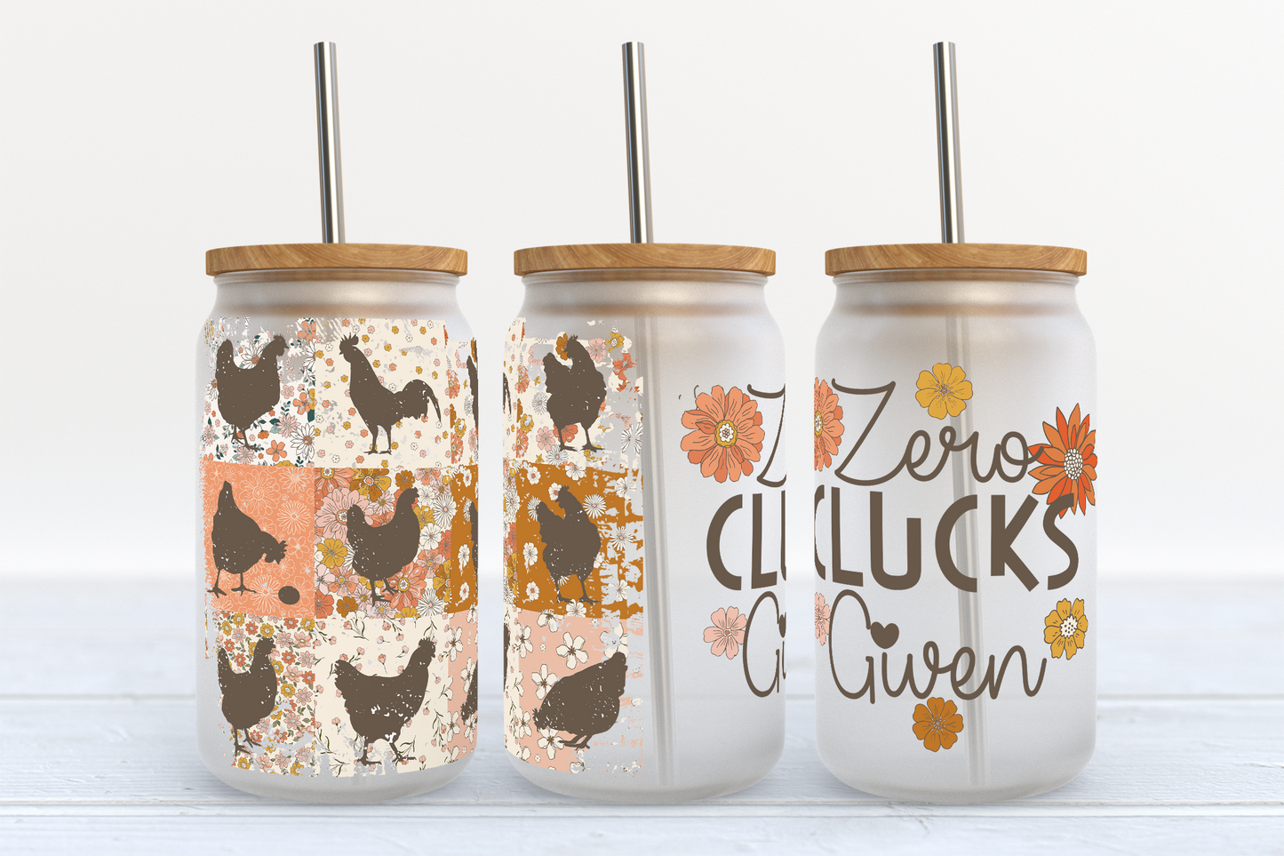 Zero Clucks Given Chickens UV Transfer 16oz Libby Glass Can Wrap Ready to Apply