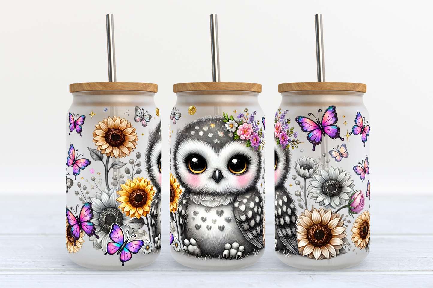 Owl Floral UV Transfer 16oz Libby Glass Can Wrap Ready to Apply