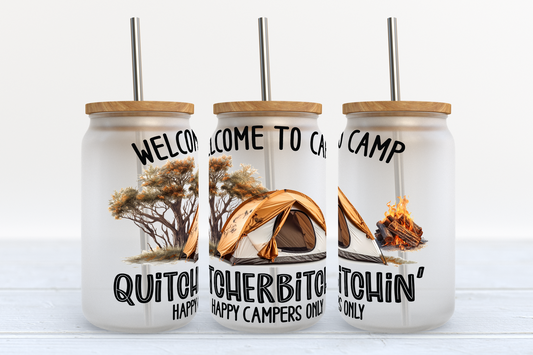 Camp Quitcherbitchin Happy Campers Only UV Transfer 16oz Libby Glass Can Wrap Ready to Apply