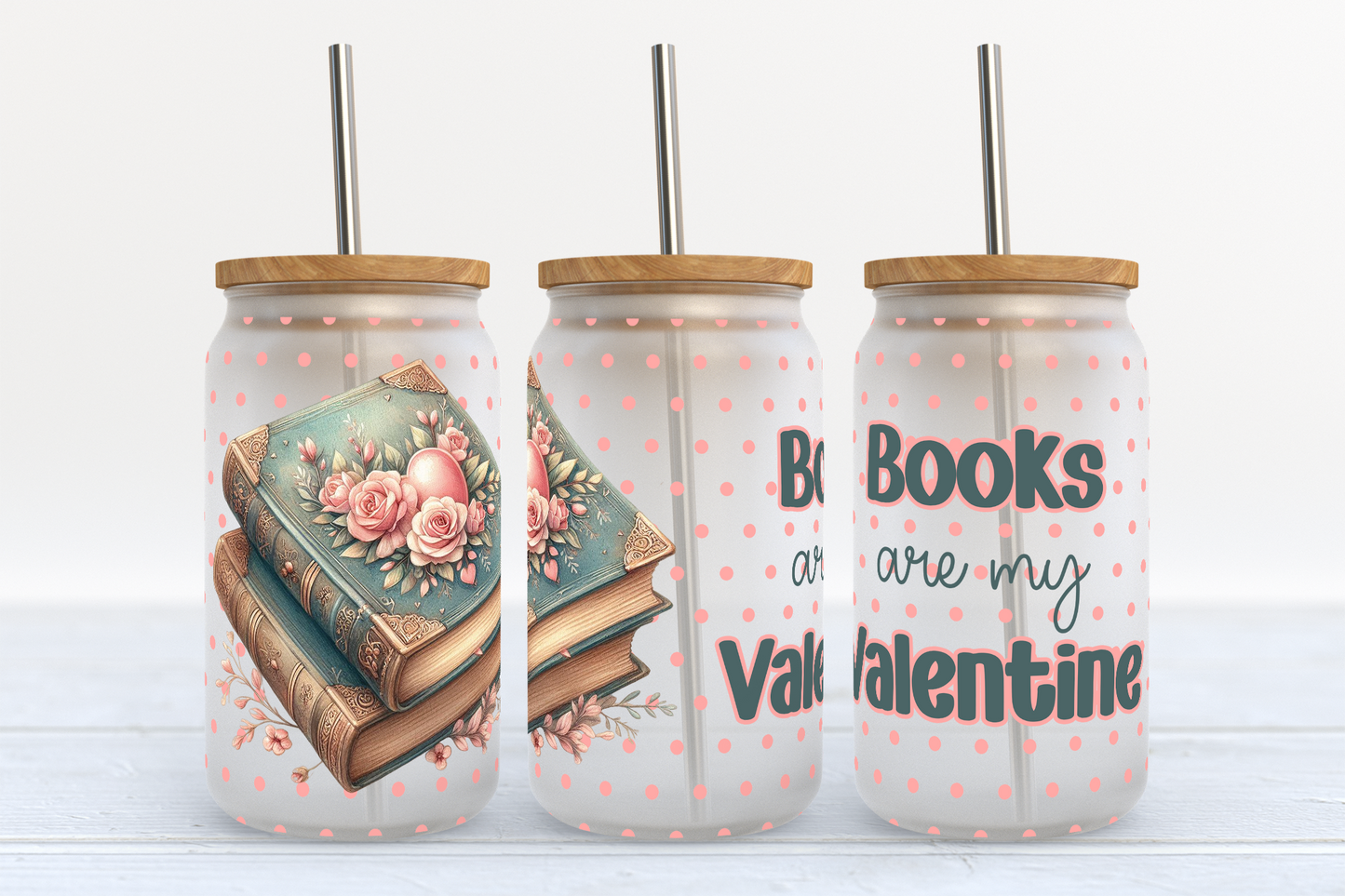 Books Are My Valentine UV DTF Transfer 16oz Libby Glass Can Wrap Ready to Apply