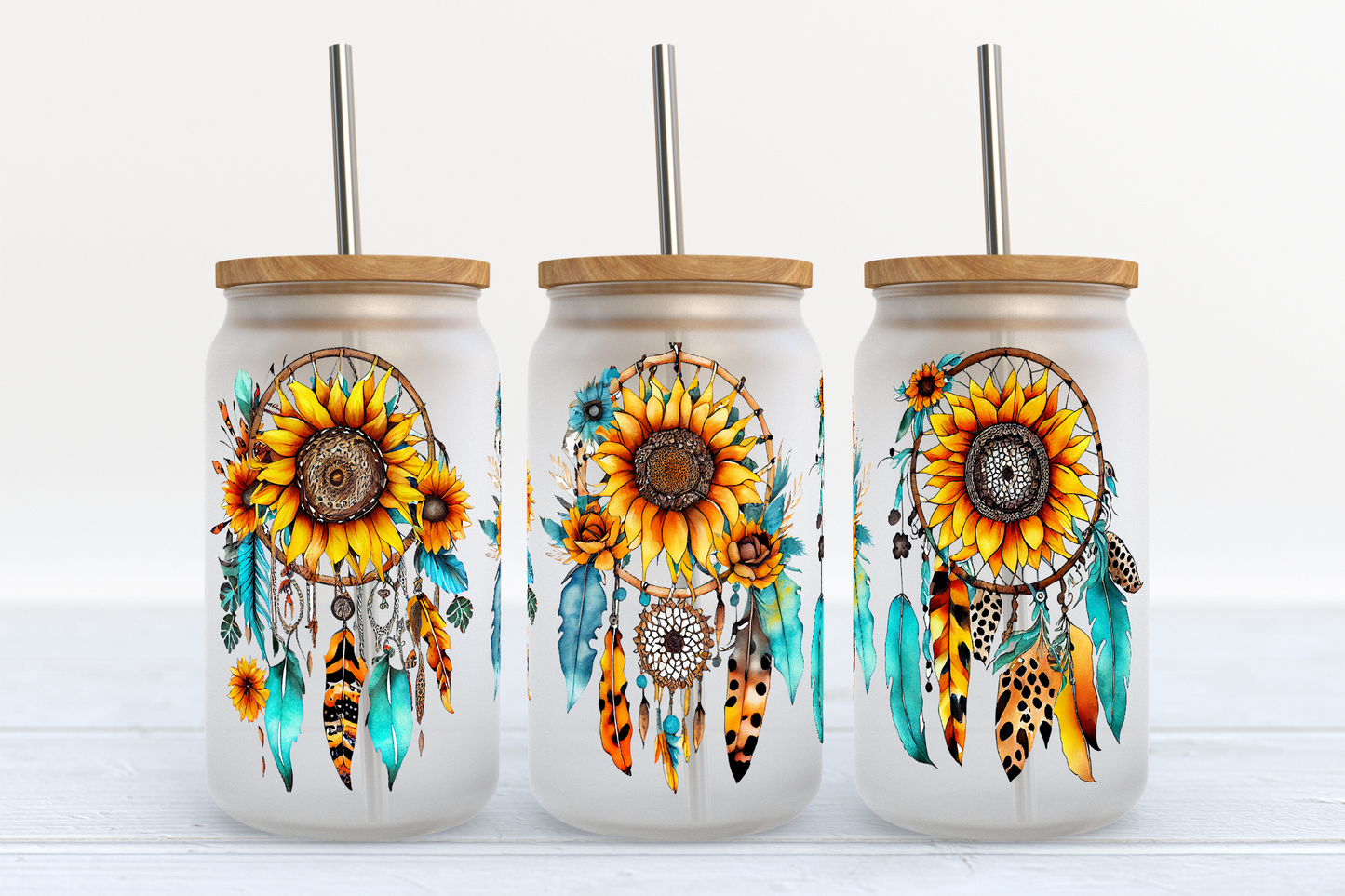 Sunflower Dream Catcher UV DTF Transfer 16oz Libby Glass Can Wrap Ready to Apply