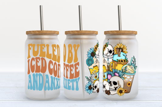 Fueled by Iced Coffee and Anxiety UV DTF Transfer 16oz Libby Glass Can Wrap Ready to Apply