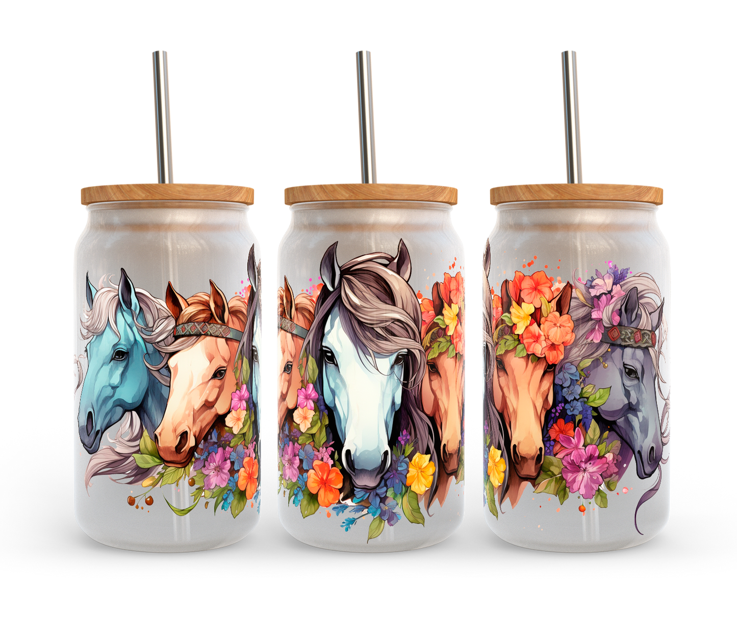 Colorful Horses UV DTF Transfer 16oz Libby Glass Can Wrap Ready to Apply