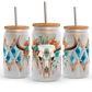 Colorful Cow Skull UV DTF Transfer 16oz Libby Glass Can Wrap Ready to Apply