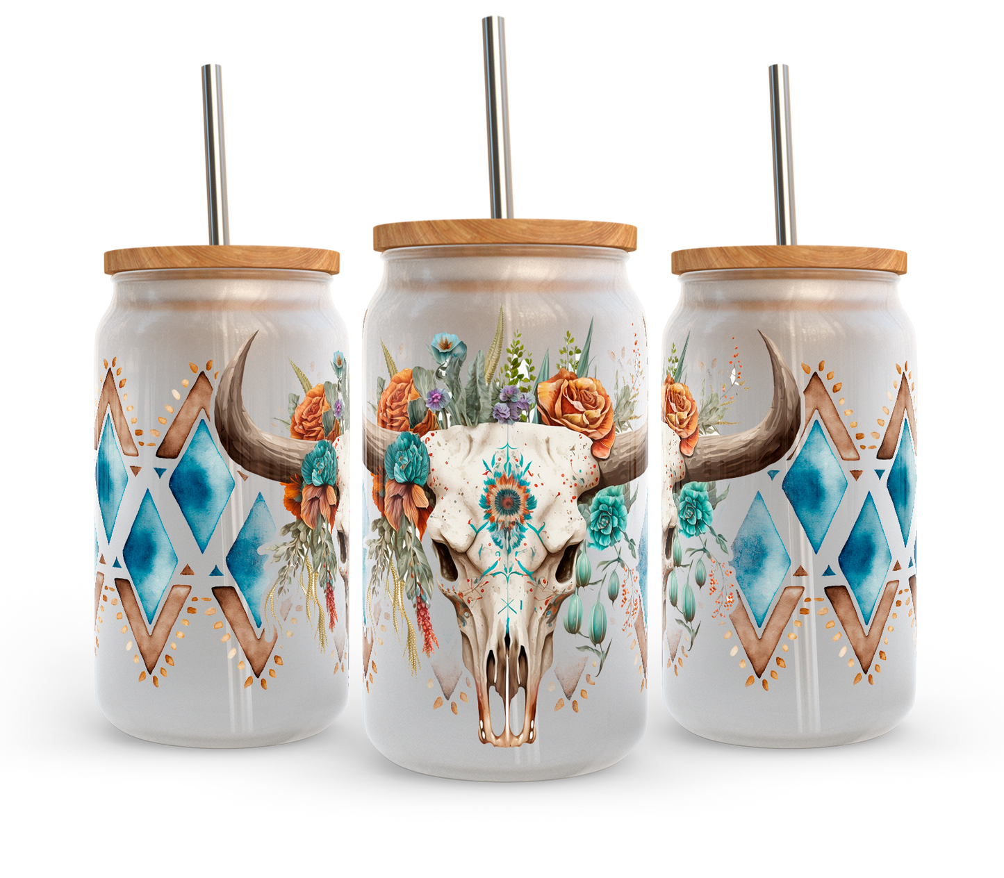 Colorful Cow Skull UV DTF Transfer 16oz Libby Glass Can Wrap Ready to Apply