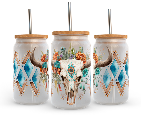 Colorful Cow Skull UV DTF Transfer 16oz Libby Glass Can Wrap Ready to Apply