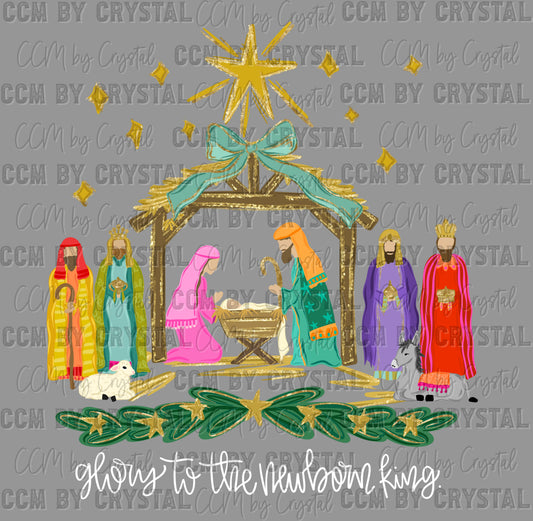 Glory to the Newborn King Manger Christianity Bow Faux Glitter Ready to Press Transfer DTF Transfer Sublimation Transfer