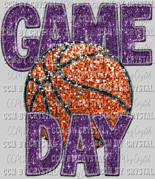 Game Day Basketball Purple Faux Embroidery Faux Sequins Ready to Press Transfer