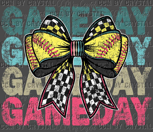 Game Day Softball Checkered Bow Ready to Press Transfer DTF Transfer Sublimation Transfer