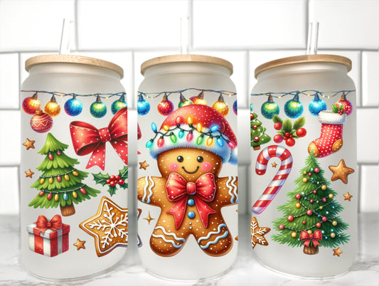 Christmas Gingerbread UV Transfer 16oz Libby Glass Can Wrap Ready to Apply