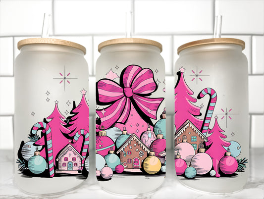 Christmas Pink Gingerbread Houses UV Transfer 16oz Libby Glass Can Wrap Ready to Apply